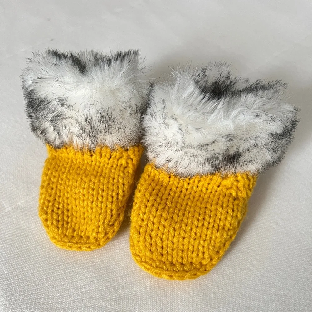 Cozy Golden Yellow Knit Baby Booties with Faux Fur Trim
